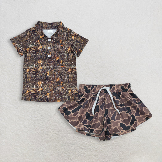 RTS NO MOQ BT0639+SS0772 Kids Boys Camo Summer Short Sleeves Polo Shirt Girls Camo Yoga Active Ruffle Shorts Bottom