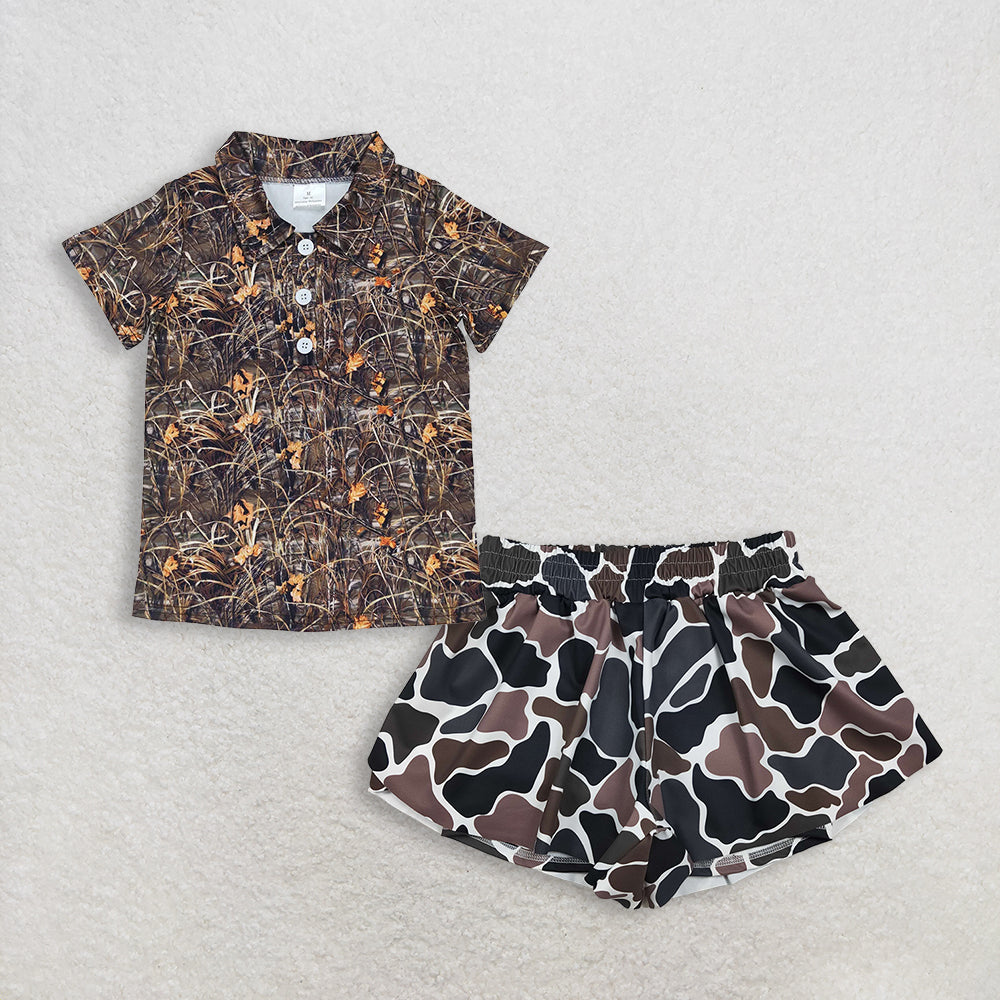 RTS NO MOQ BT0639+SS0773 Camo Kids Boys Summer Polo Shirt Short Sleeves Girls Brown Camo Yoga Active Ruffle Shorts Bottom