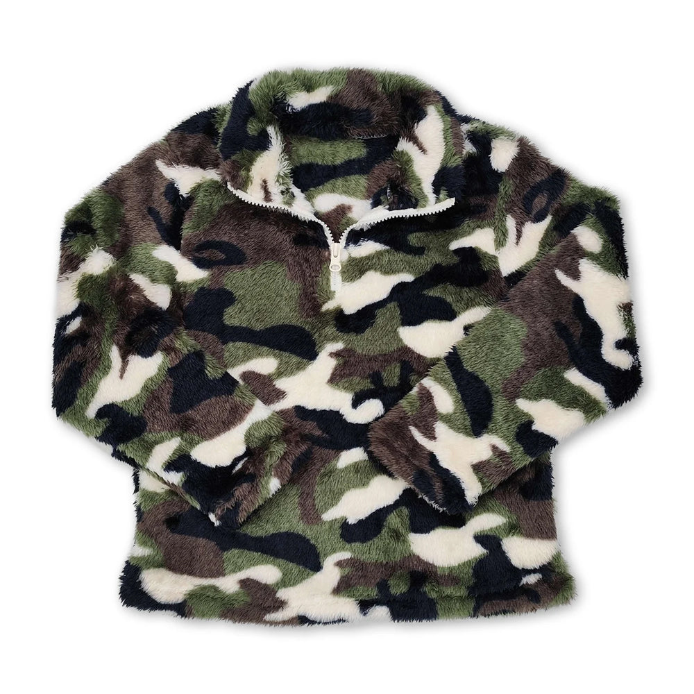 RTS NO MOQ Sibling milk silk Baby Boys Camo Print Sherpa Half Zip Pullover Jacket