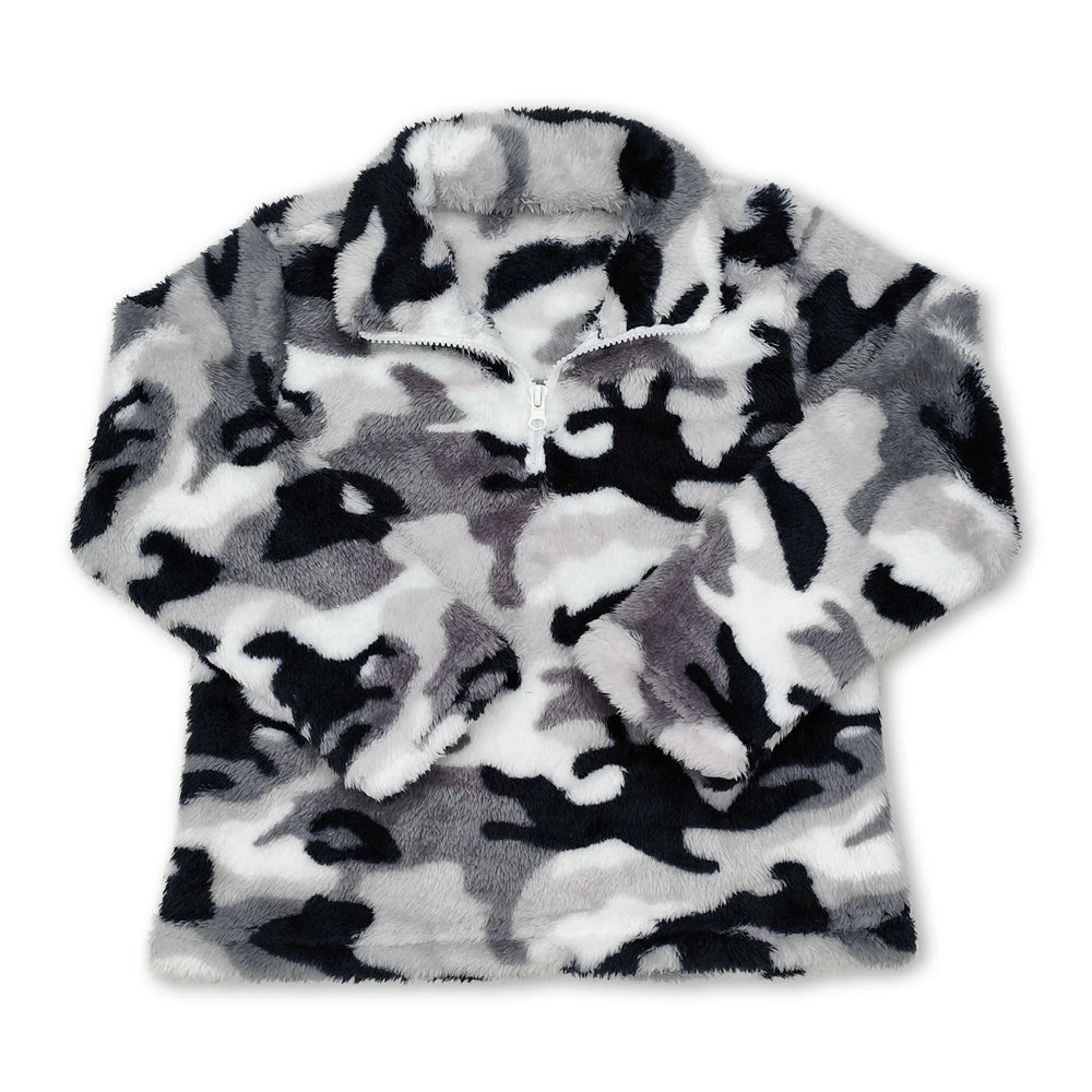 RTS NO MOQ Sibling milk silk Baby Boys Camo Print Sherpa Half Zip Pullover Jacket