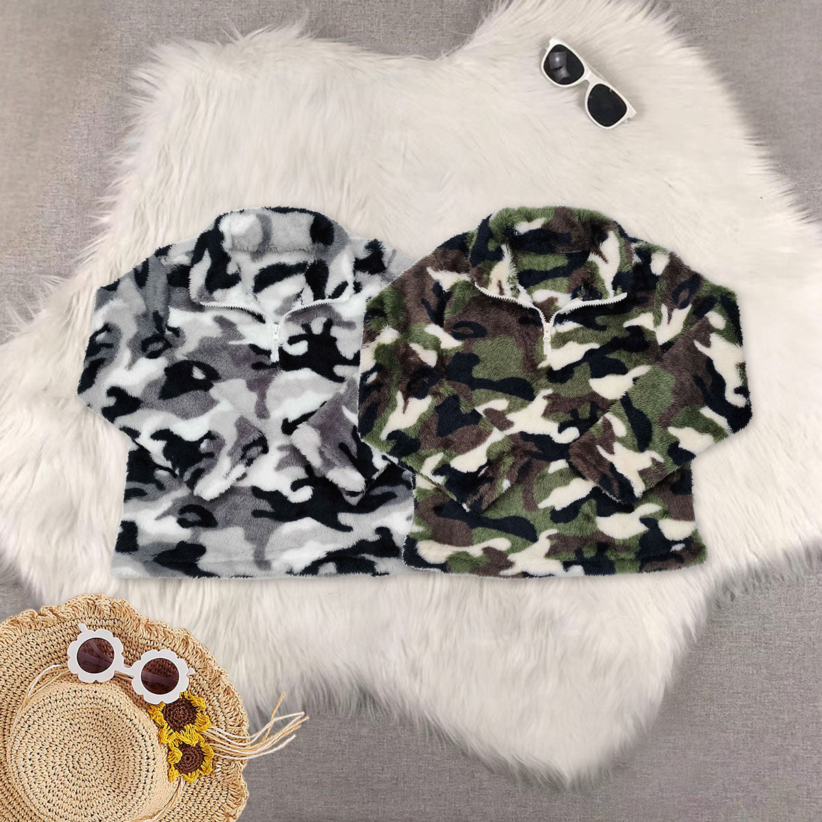 RTS NO MOQ Sibling Baby Boys Fall Plush Camouflage Zip-Up Pullover T-Shirt
