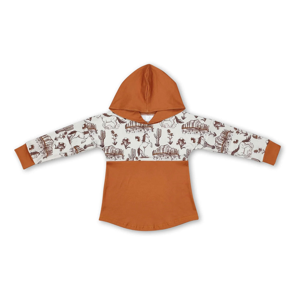 RTS NO MOQ Sibling milk silk Baby Boys Western Horse Cactus Print Hooded Shirt And Zipper Long Sleeve Romper