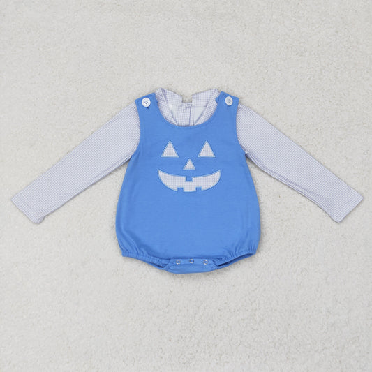 RTS no moq BT0752+SR1926 Blue plaid doll collar long-sleeved top Embroidered Halloween smiley face blue vest jumpsuit match romper rts