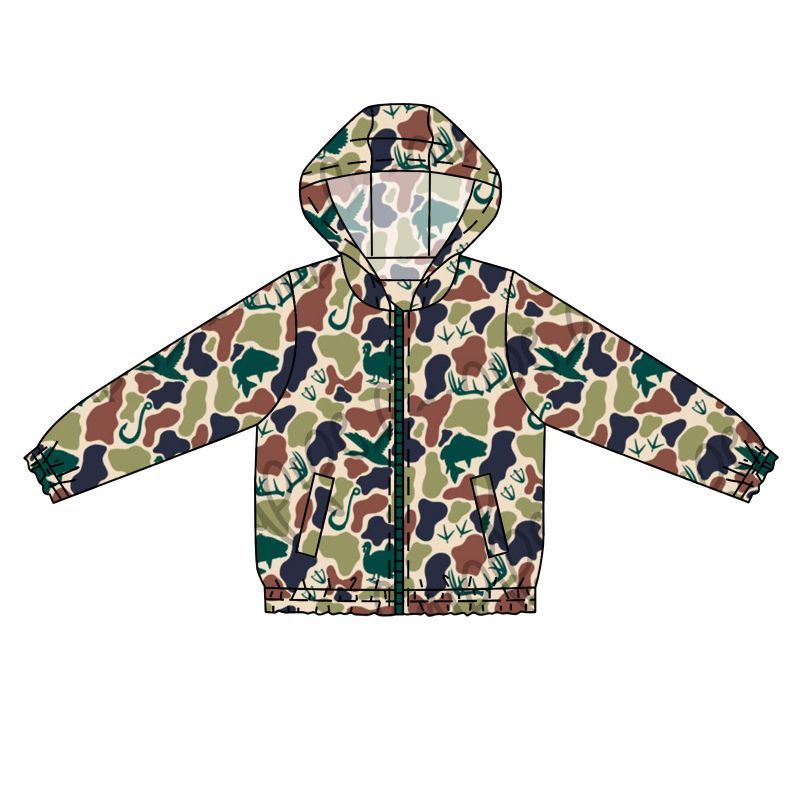 (Preorder new) No moq BT0764 Baby Boys Green Camo Hunting Print Hooded Long Sleeve Zip Jackets Tops Casual Tops