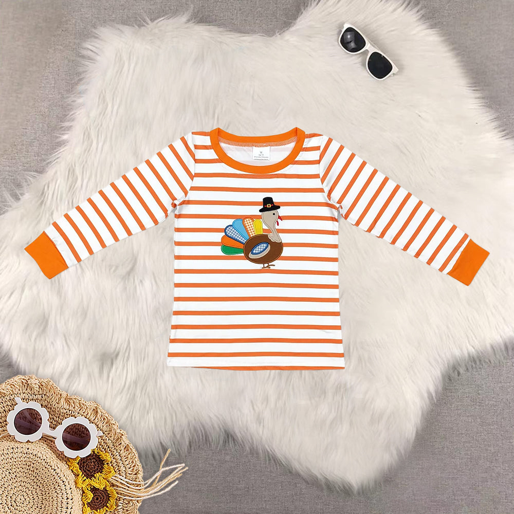 RTS NO MOQ Sibling baby boy clothes Embroidered turkey pattern orange and white stripes long sleeve top