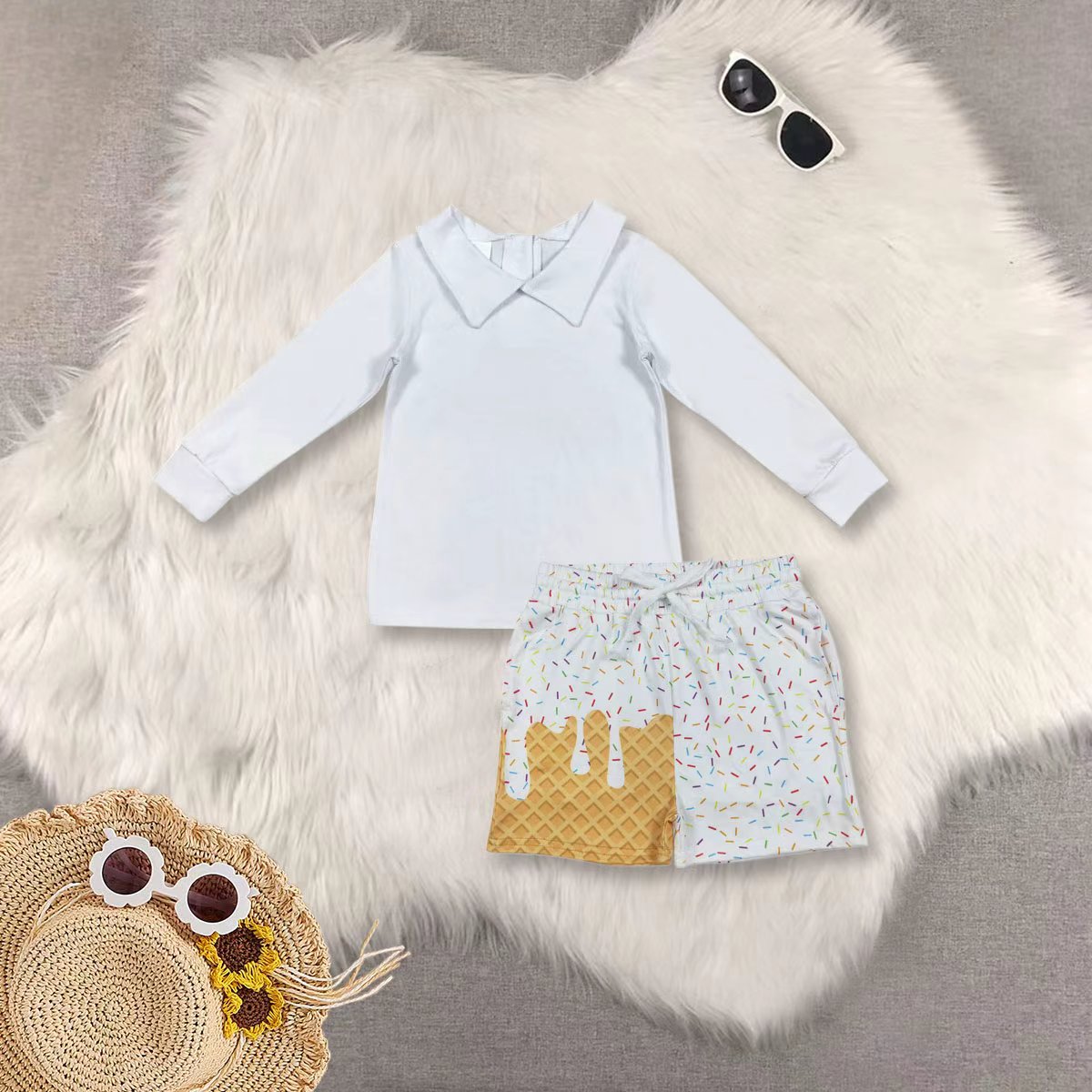 RTS NO MOQ Sibling baby girls boys clothes white long sleeve shorts sets