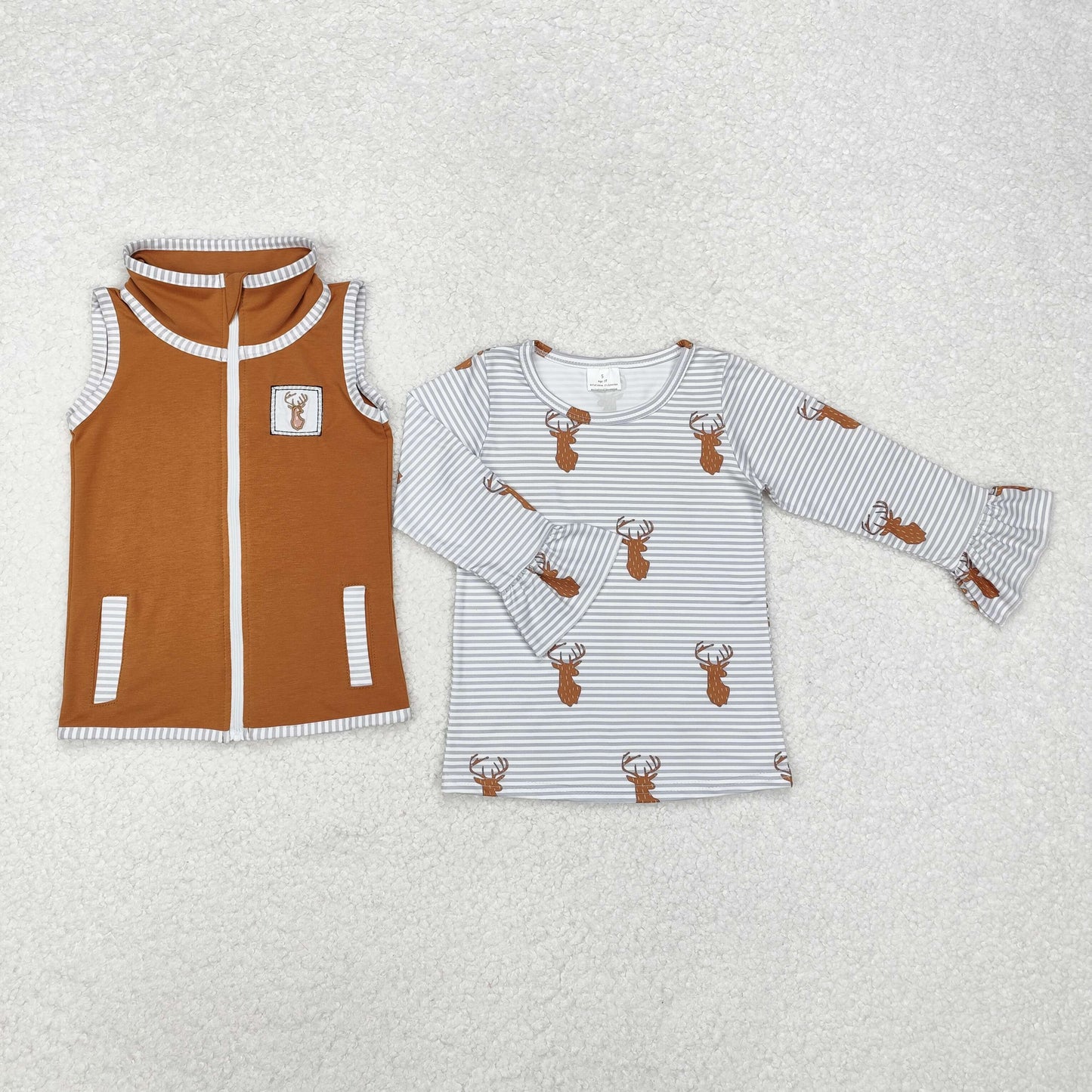 RTS NO MOQ ETA 5/7days Arrived BT0855+GT0739 Antler stripes lace long-sleeved top Embroidery Brown sleeveless zipper vest with antler stripes