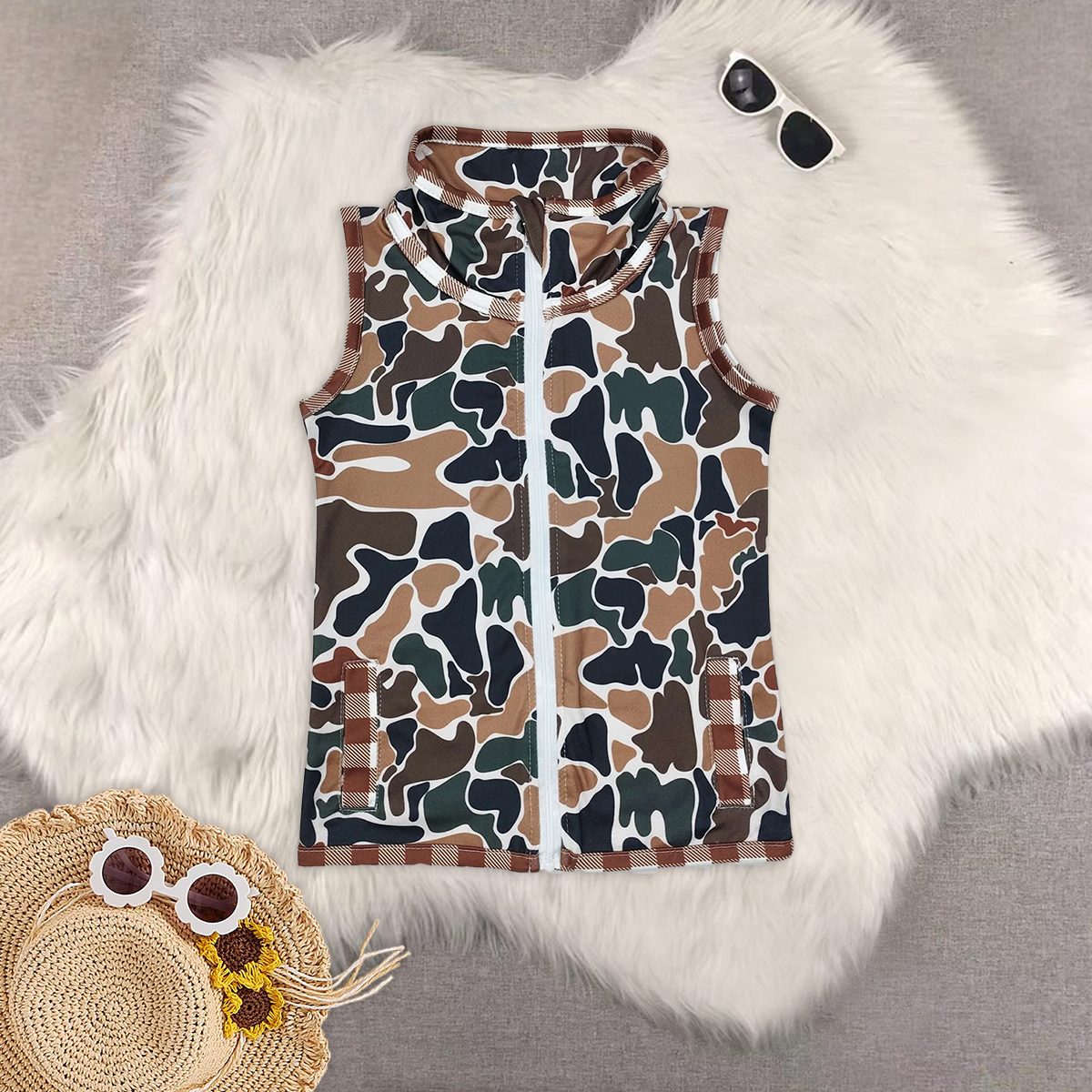 RTS NO MOQ Brown plaid vest top + camouflage sleeveless zipper vest : Boys & Girls