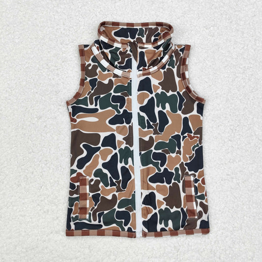 RTS NO MOQ（In Stock) Brown plaid camouflage beige sleeveless zipper vest