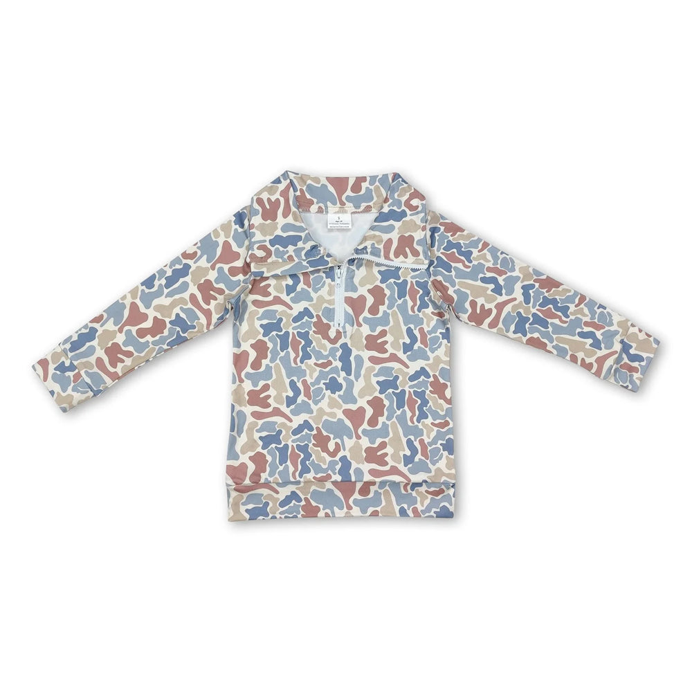 RTS NO MOQ Sibling milk silk Baby Boys Camo Deer Print Half Zip Collared Long Sleeve Shirt