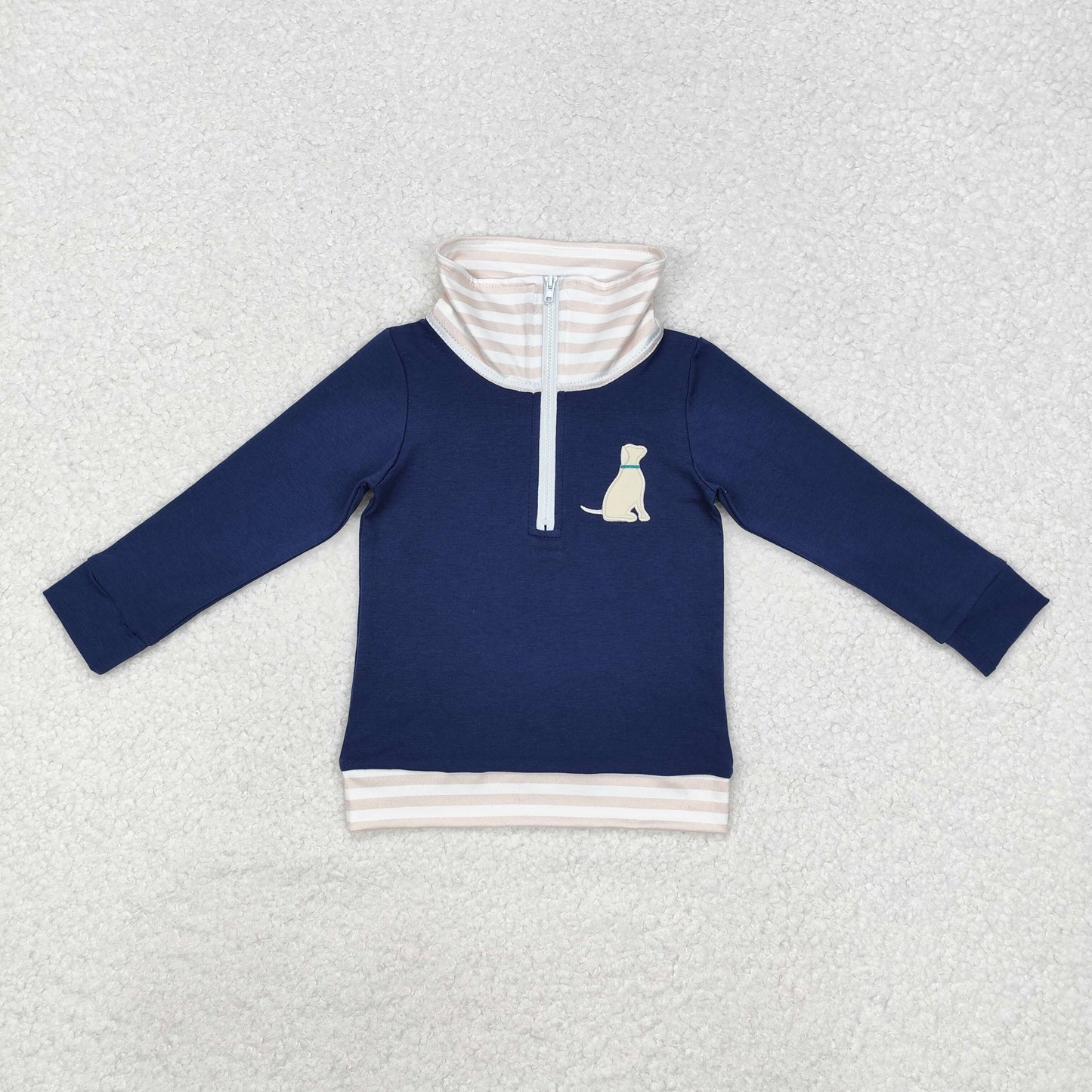 RTS NO MOQ ETA 5/7days Arrived BT0893 Embroidered puppy striped collar navy blue zipper long-sleeved top