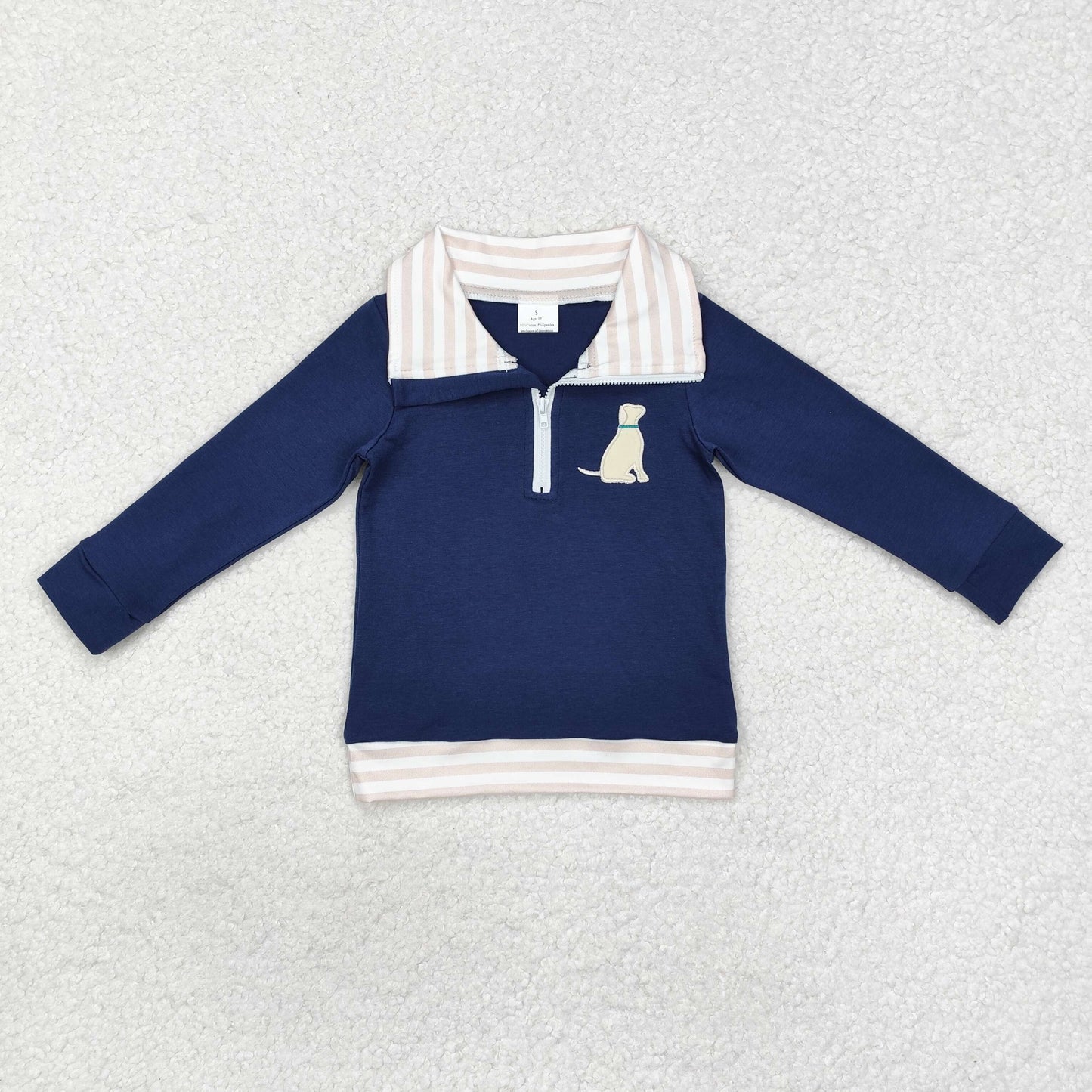 RTS NO MOQ ETA 5/7days Arrived BT0893 Embroidered puppy striped collar navy blue zipper long-sleeved top