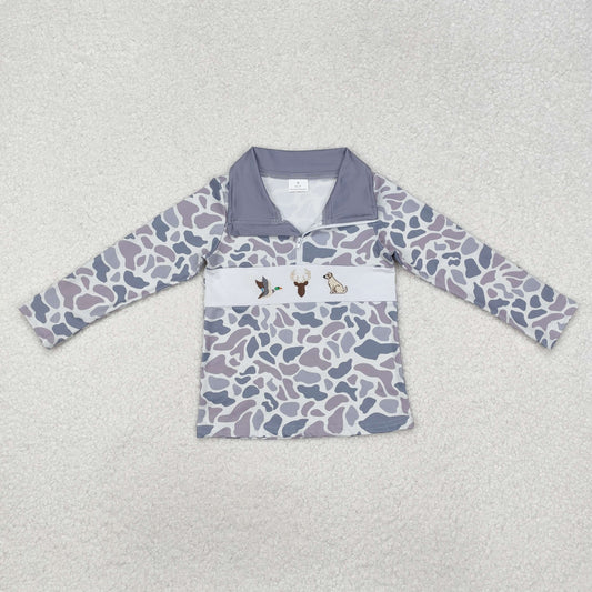 RTS NO MOQ ETA 5/7days Arrived BT0904 Embroidered duck elk puppy camouflage gray and blue zipper long-sleeved top