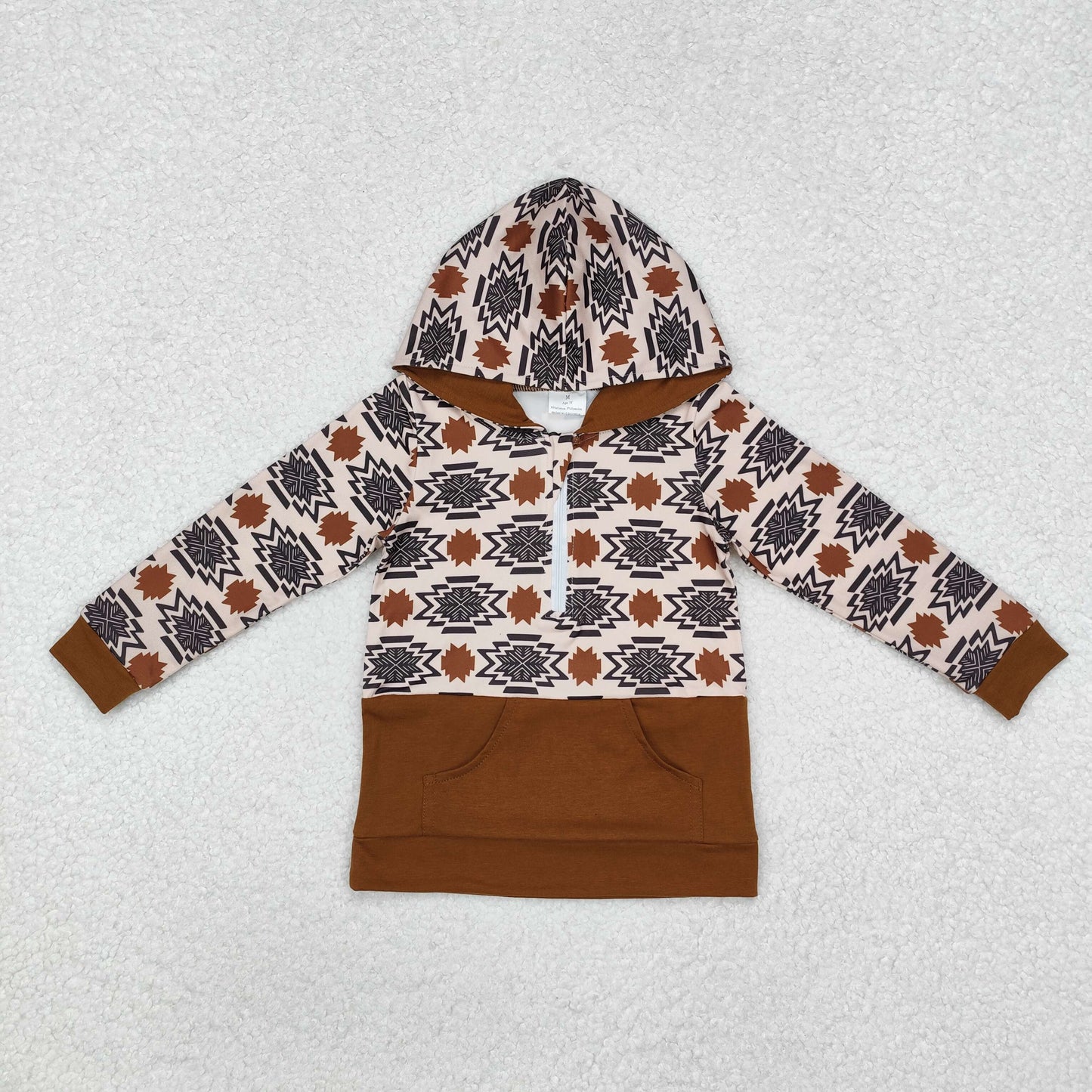 RTS NO MOQ ETA 5/7days Arrived BT0908 Geometric Brown Zipper Pocket Hooded Long Sleeve Top