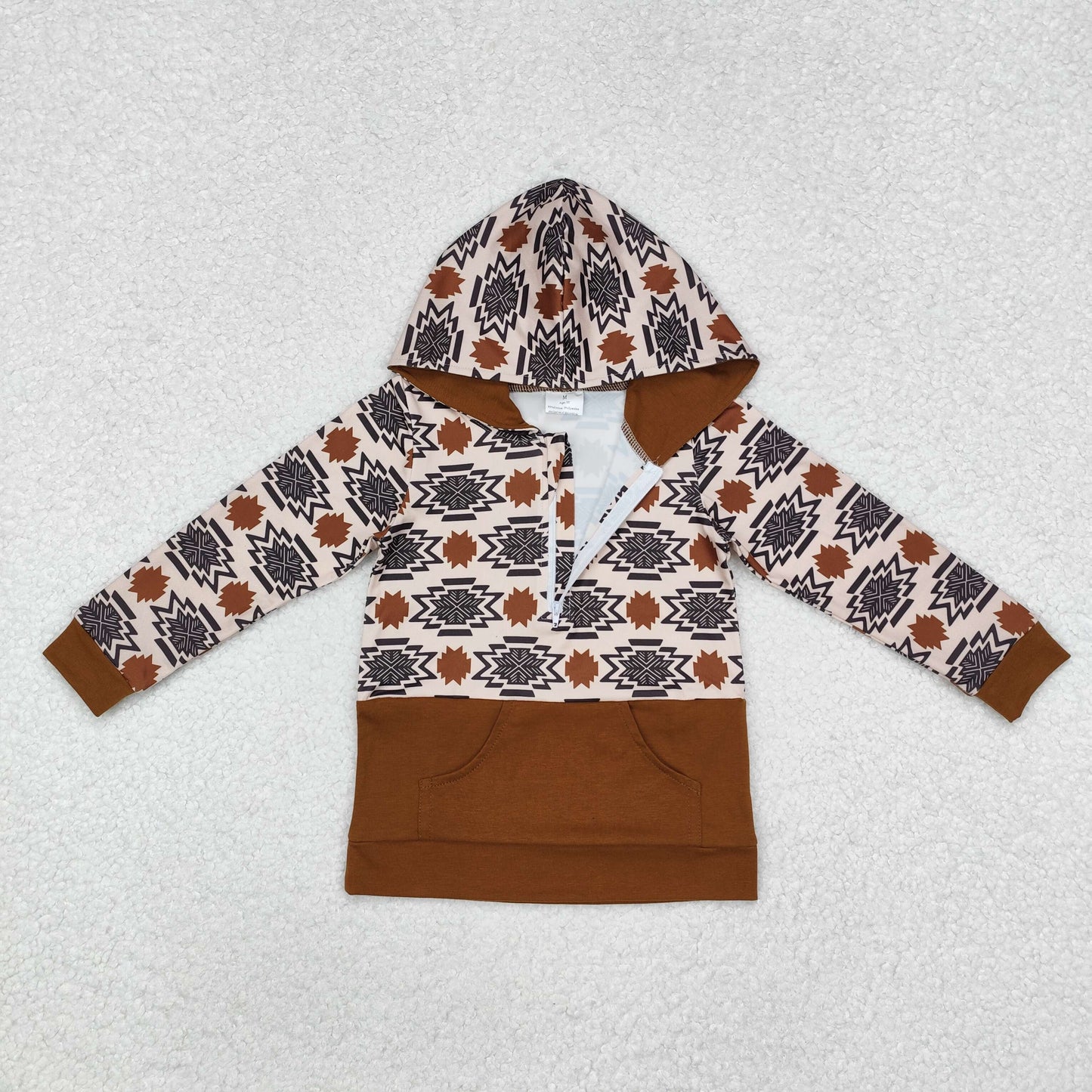 RTS NO MOQ ETA 5/7days Arrived BT0908 Geometric Brown Zipper Pocket Hooded Long Sleeve Top