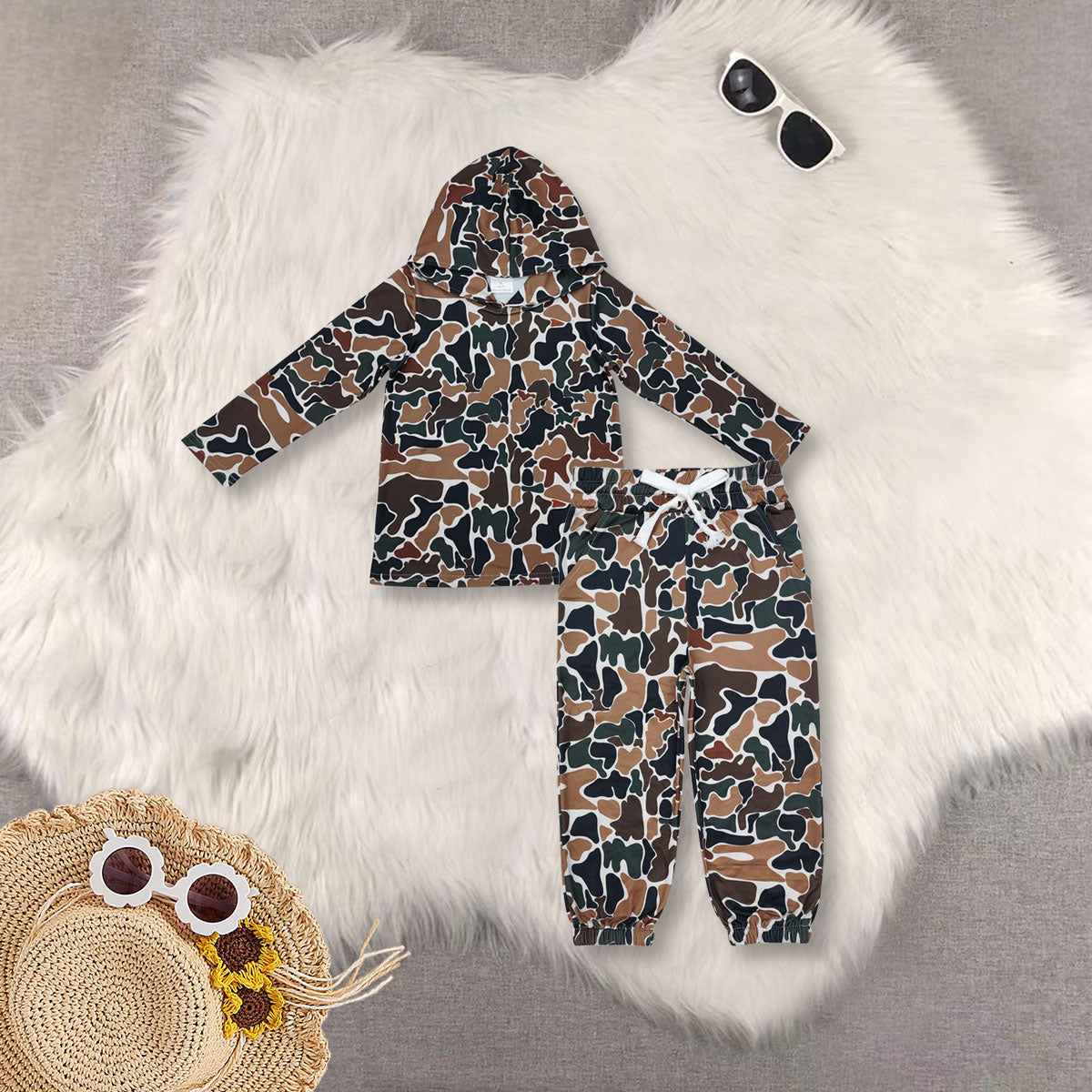 RTS NO MOQ Sibling baby boy clothes camouflage hooded long-sleeved top and pants