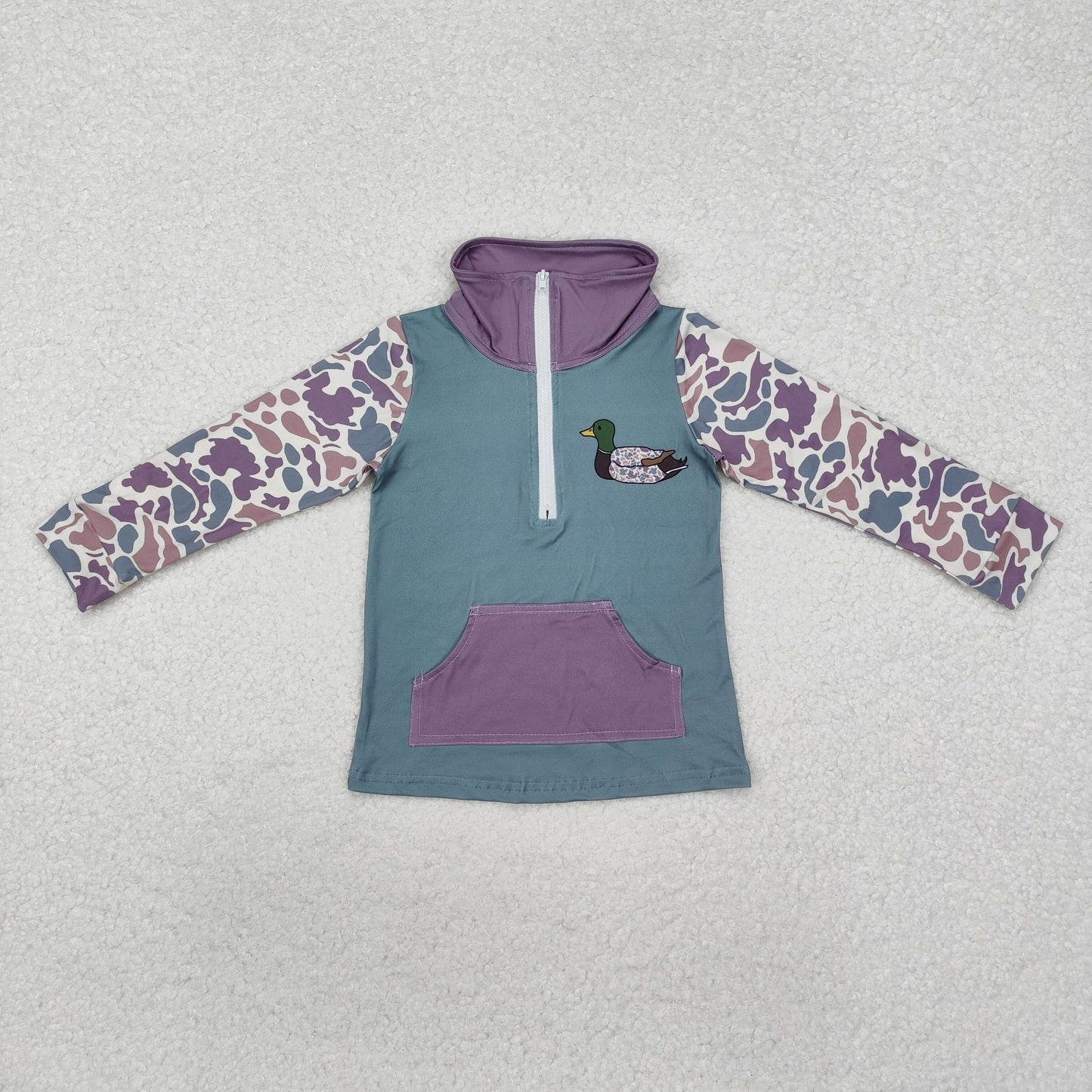 RTS NO MOQ（In Stock) Cream green camouflage duck pocket zipper long-sleeved top