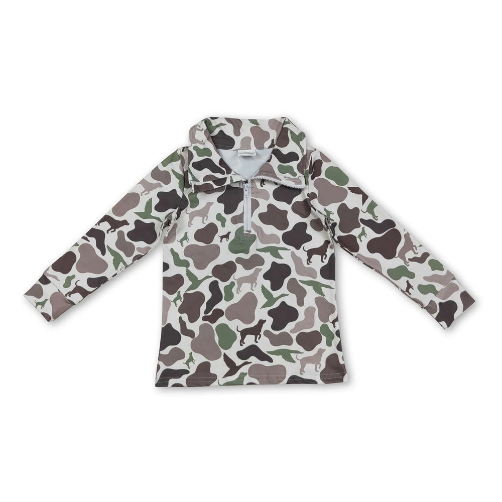 RTS NO MOQ Sibling milk silk Baby Boys Camo Deer Print Half Zip Collared Long Sleeve Shirt