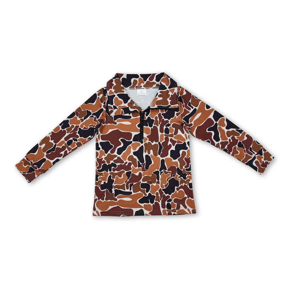 RTS NO MOQ Sibling milk silk Baby Boys Camo Half Zip Collared Long Sleeve Shirt