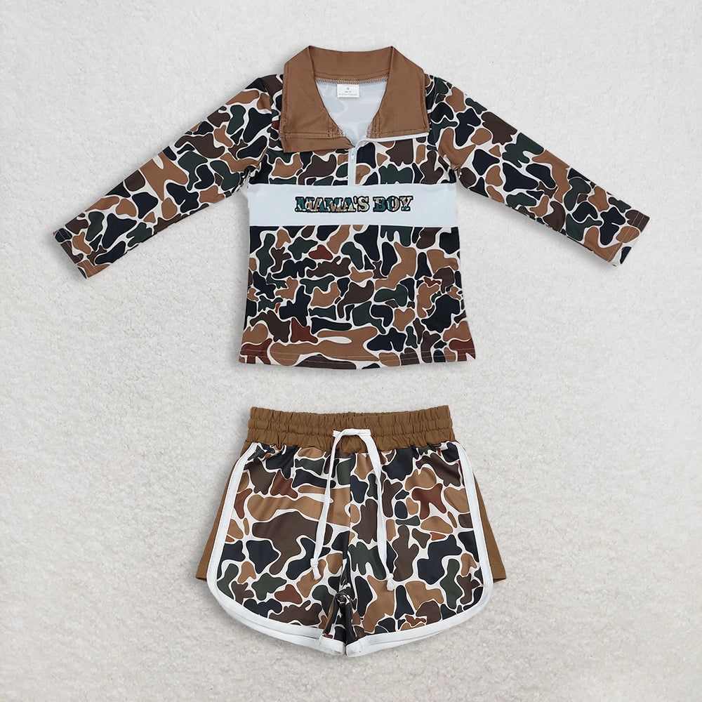 RTS NO MOQ（In Stock) Baby boy clothes camouflage long-sleeved shirt summer shorts sets