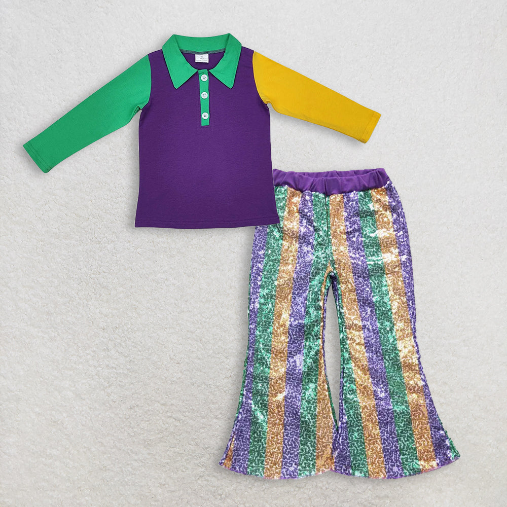 RTS NO MOQ（In Stock) mardi gras long sleeved top sequined pants set