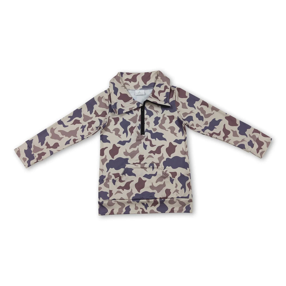 RTS NO MOQ Sibling milk silk Baby Boys Camo Half Zip Collared Long Sleeve Shirt