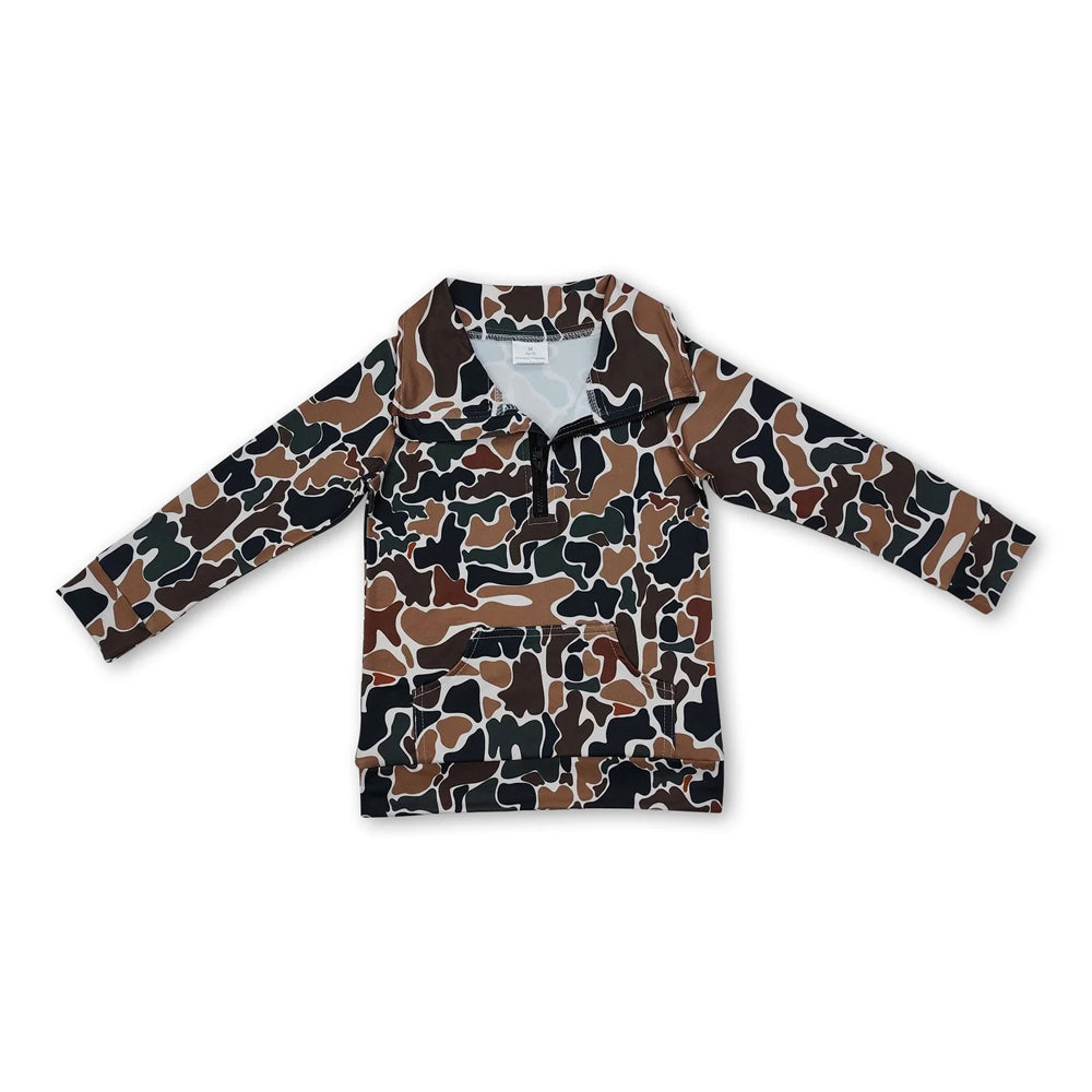 RTS NO MOQ Sibling milk silk Adult To Match Kids Dark Brown Camo Quarter Zip Long Sleeve Pullover Top