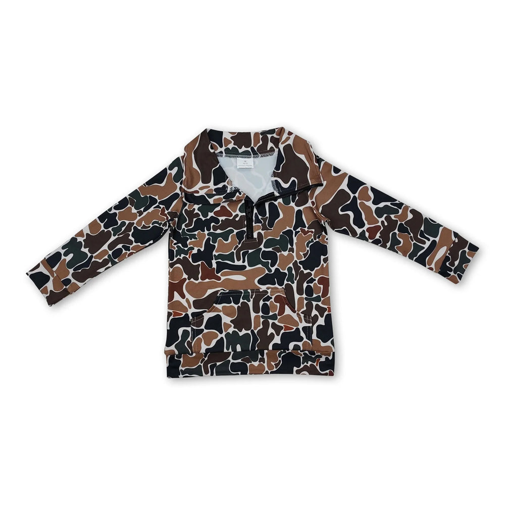 RTS NO MOQ Sibling milk silk Baby Boys Camo Half Zip Collared Long Sleeve Shirt