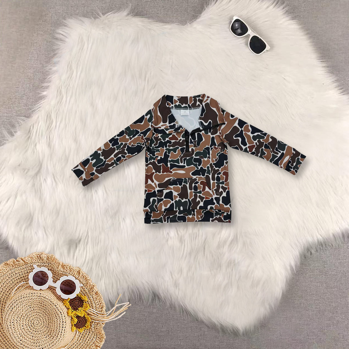 RTS NO MOQ Sibling Adults women and Baby Girls Camouflage Zipper Stand Collar Pullover Long Sleeve Top