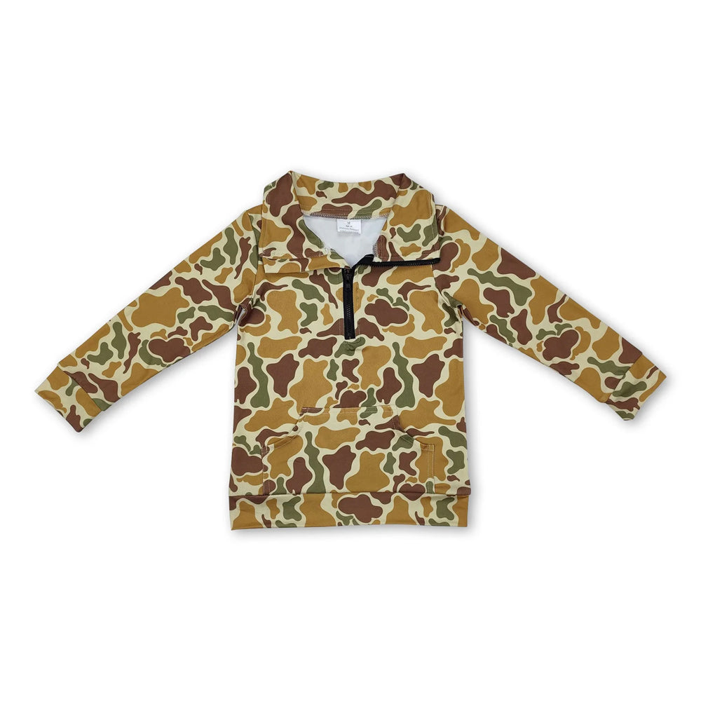RTS NO MOQ Sibling milk silk Baby Boys Camo Half Zip Collared Long Sleeve Shirt Top