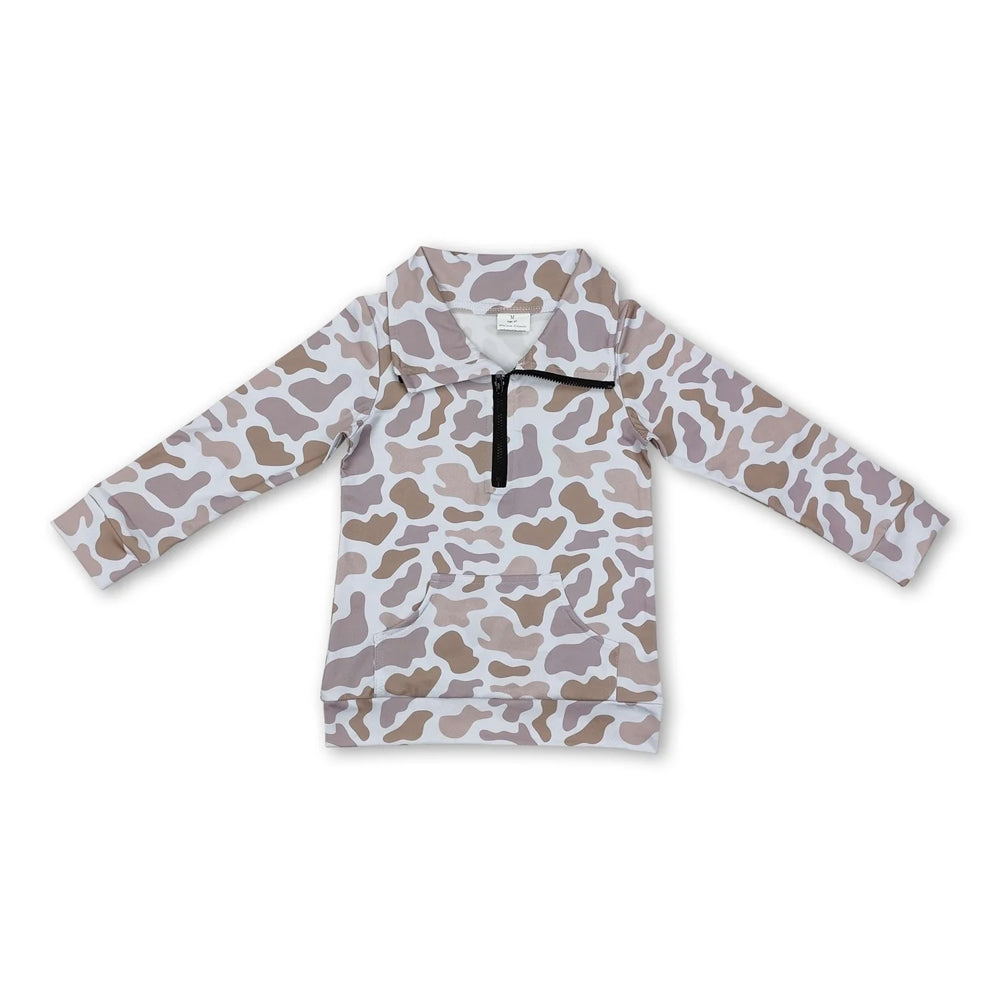 RTS NO MOQ Sibling milk silk Baby Boys Camo Half Zip Collared Long Sleeve Shirt Top