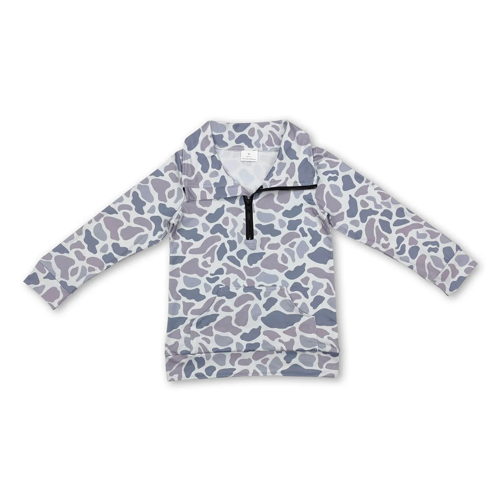 RTS NO MOQ Sibling milk silk Adult To Match Kids Grey Camo Quarter Zip Long Sleeve Pullover Top