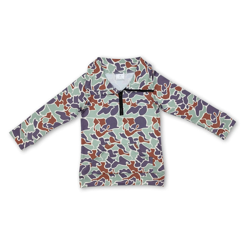 RTS NO MOQ Sibling milk silk Baby Boys Camo Half Zip Collared Long Sleeve Shirt Top