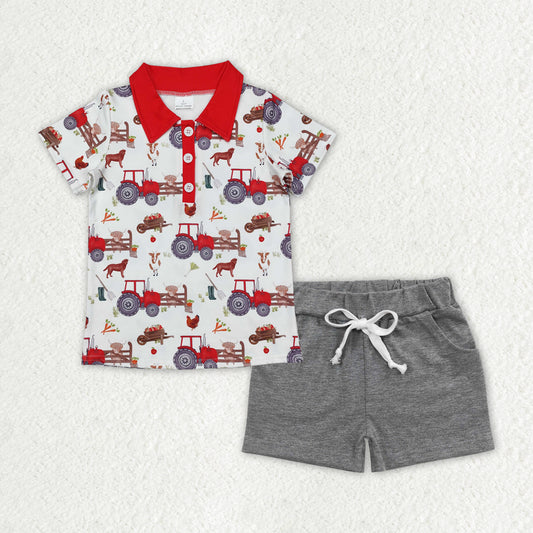 RTS NO MOQ BT1043+SS0133 Farm animal tractor red and white button short sleeve top Light gray pocket shorts sets