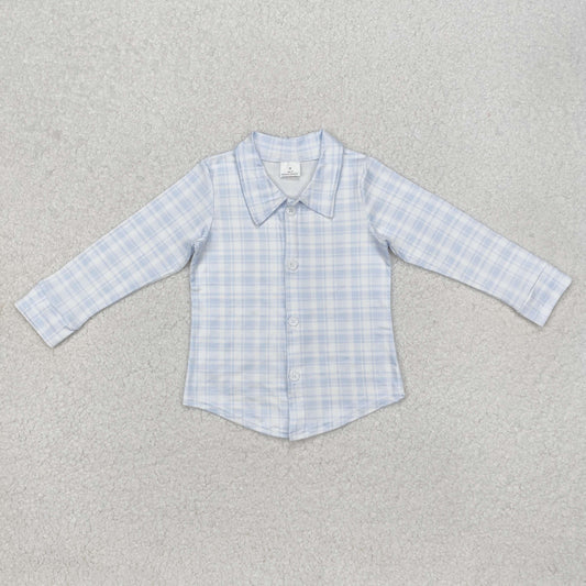 RTS NO MOQ（In Stock) BT1075 Easter blue plaid button long-sleeved top