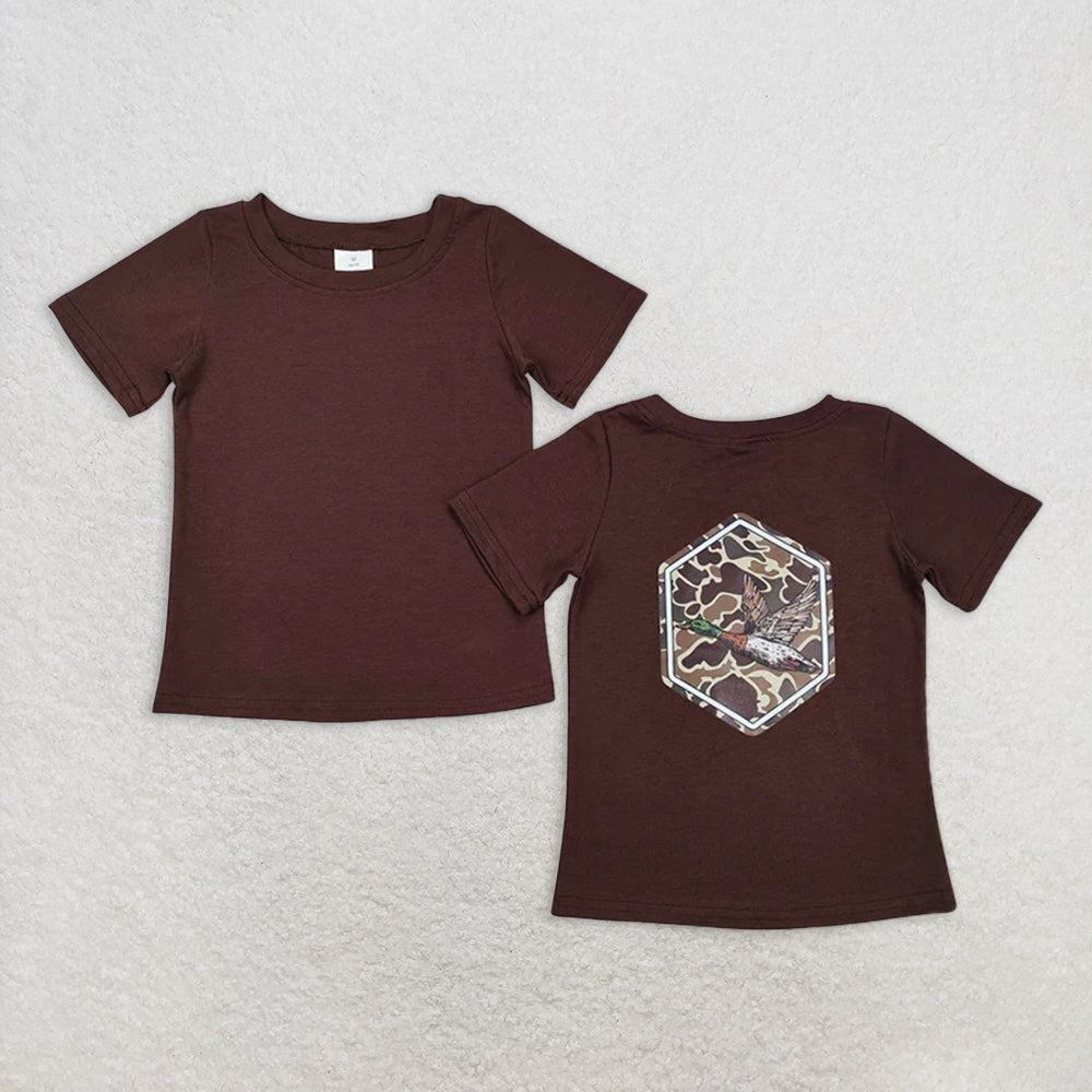 RTS NO MOQ BT1090+SS0772 Baby Boys Brown Camo Duck Short Sleeve Tee Tops Baby Girls Brown Camo Yoga Active Ruffle Shorts Bottom
