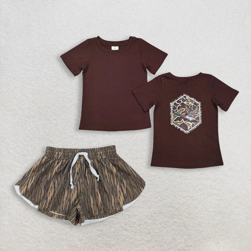 RTS NO MOQ BT1090+SS0771 Baby Boys Brown Camo Duck Short Sleeve Tee Tops Girls Olive Camo Yoga Active Ruffle Shorts Bottom Set