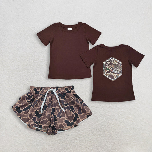 RTS NO MOQ BT1090+SS0772 Baby Boys Brown Camo Duck Short Sleeve Tee Tops Baby Girls Brown Camo Yoga Active Ruffle Shorts Bottom