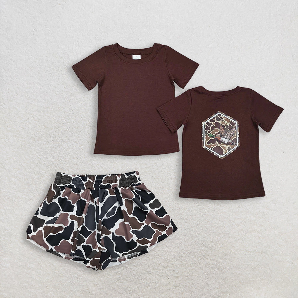 RTS NO MOQ BT1090+SS0773Baby Boys Brown Camo Duck Short Sleeve Tee Tops Girls Brown Camo Yoga Active Ruffle Shorts