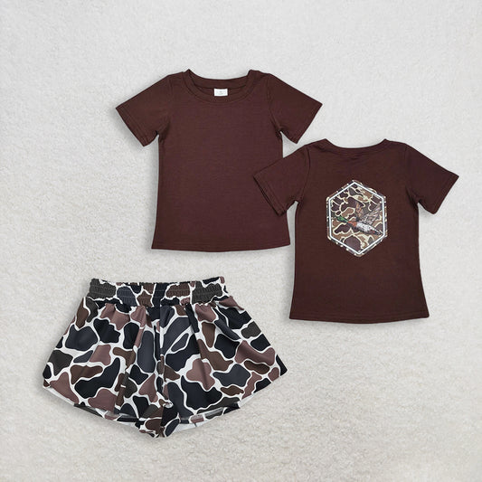 RTS NO MOQ BT1090+SS0773Baby Boys Brown Camo Duck Short Sleeve Tee Tops Girls Brown Camo Yoga Active Ruffle Shorts
