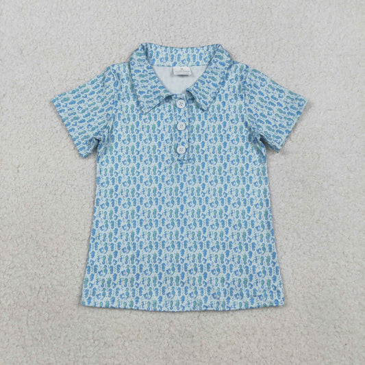 RTS NO MOQ BT1113 Baby Boys Blue Short Sleeve Polo Shirts Seahorses Button Tops Kids Fashion Clothing