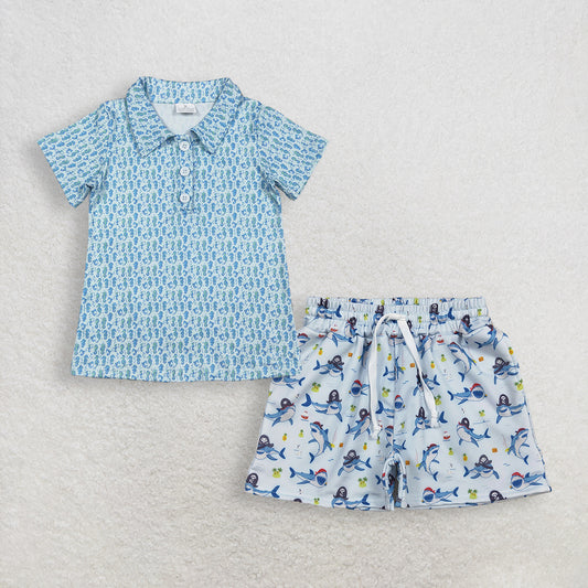 RTS NO MOQ BT1113+S0586 Kids Boys Summer Short Sleeve Button down Shirt with Swimming Trunks Bottom