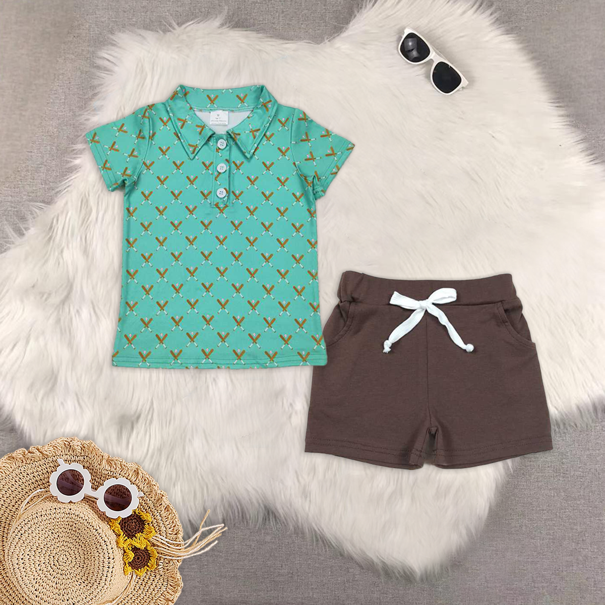 RTS NO MOQ baby boys clothes baseball Short Sleeve Suit  & Top and shorts
