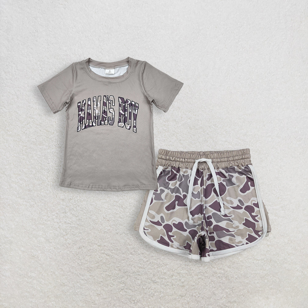 RTS NO MOQ BT1186+SS0738 Baby Boys Light Green Camouflage Short Sleeve Tee And Grey Camo Shorts Bottom Set
