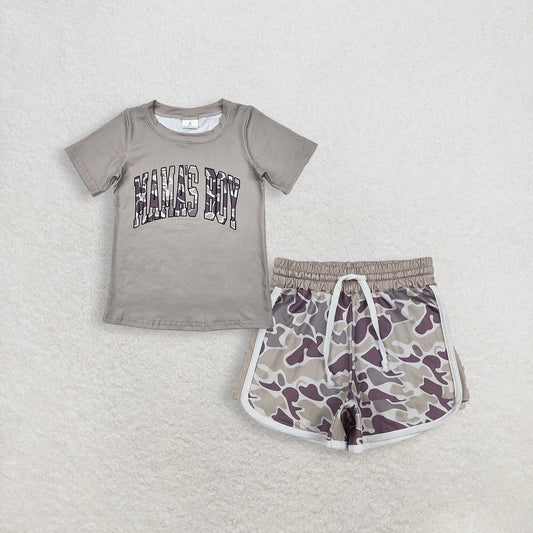 RTS NO MOQ BT1186+SS0738 Baby Boys Light Green Camouflage Short Sleeve Tee And Grey Camo Shorts Bottom Set