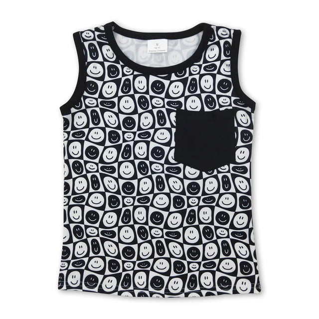 RTS NO MOQ milk silk BT1192+SS0137 Baby Boys Black Smile Pocket Sleeveless Shirt Tops Shorts Set