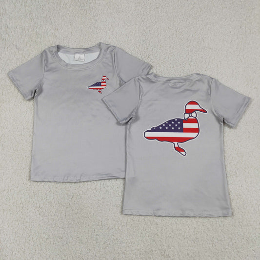 RTS NO MOQ Milk Silk BT1199 Baby Boys Grey Flag Duck Print 4th of July Short Sleeve Tee
