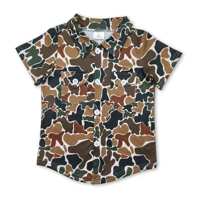 RTS NO MOQ milk silk BT1200+SS03596 Baby Boys Southern Camo Short Sleeves Button Pockets Shirts Tops Shorts Set