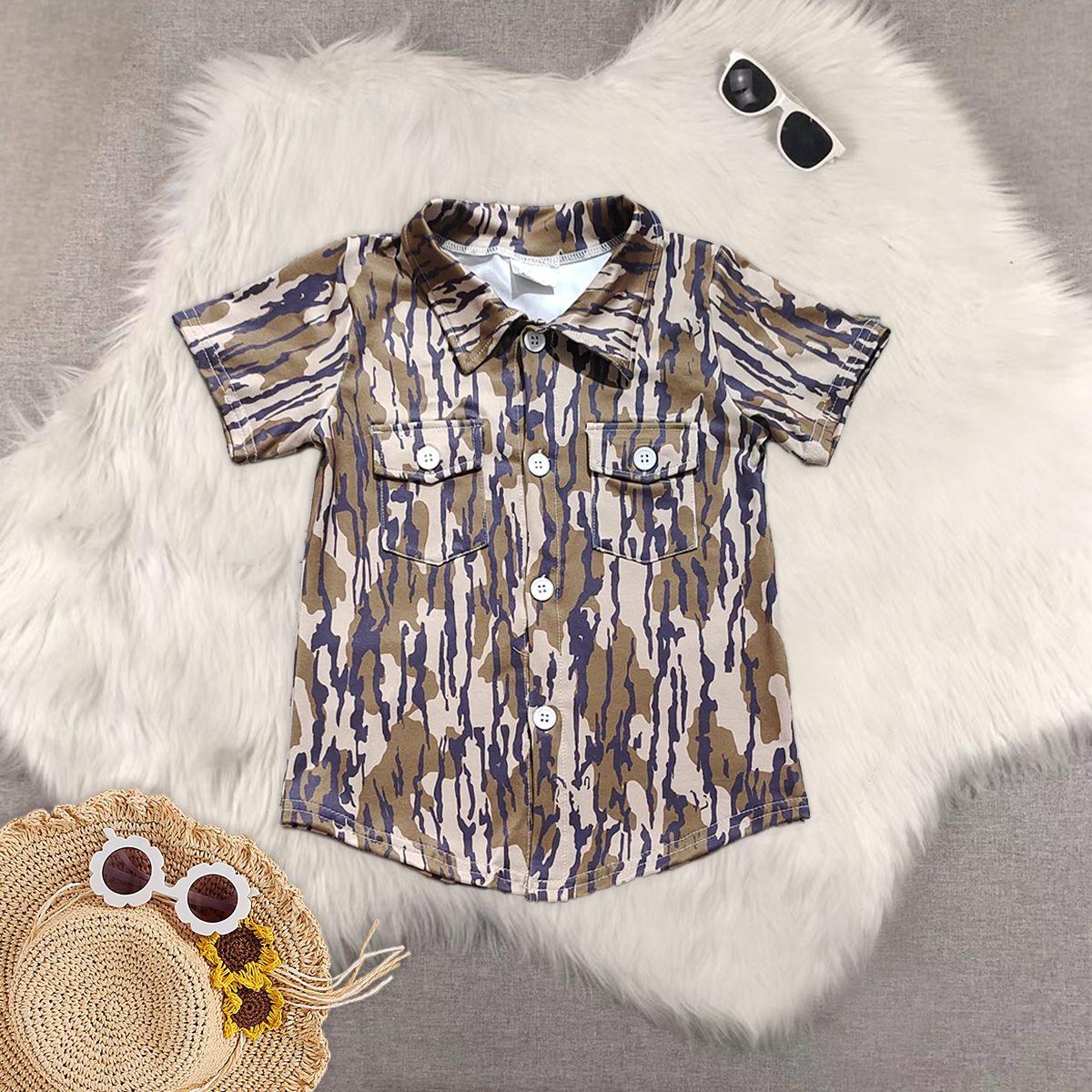 RTS NO MOQ Sibling baby boys clothes camouflage short-sleeved tops