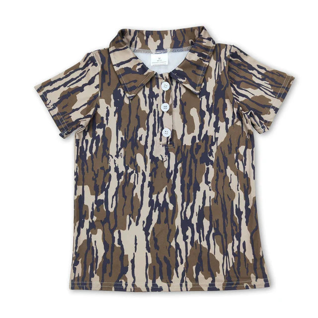 RTS NO MOQ Sibling milk silk Baby Boys Short Sleeve Hunting Camo Button Polo Shirts Top